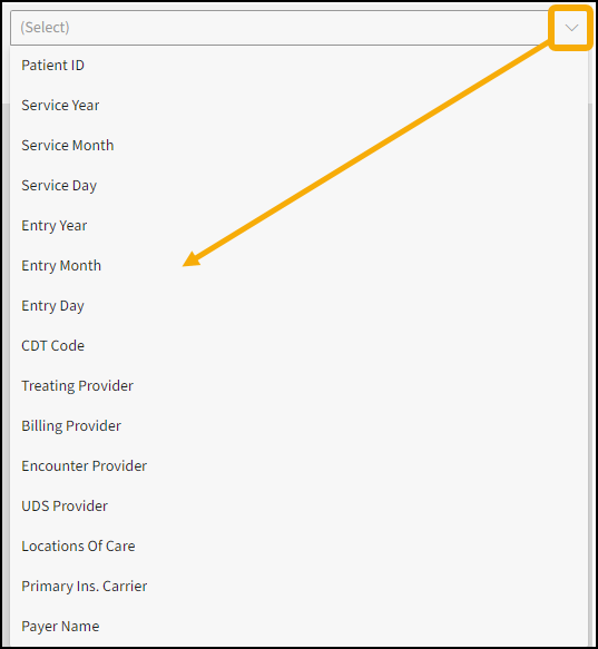 Group selection list with yellow highlight box around the drop down menu arrow and a yellow arrow pointing downwards into the list.